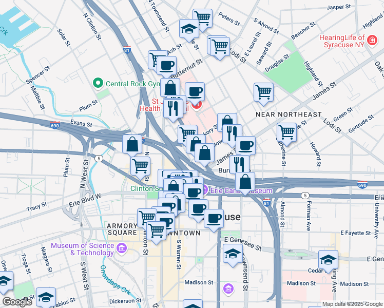 map of restaurants, bars, coffee shops, grocery stores, and more near 215 North State Street in Syracuse