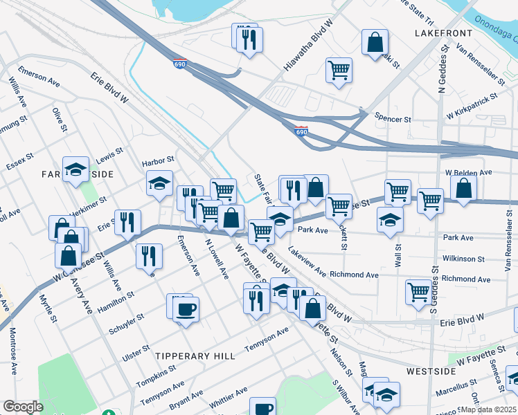 map of restaurants, bars, coffee shops, grocery stores, and more near 135 State Fair Boulevard in Syracuse