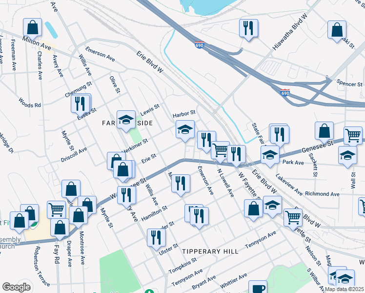 map of restaurants, bars, coffee shops, grocery stores, and more near 505 Emerson Avenue in Syracuse