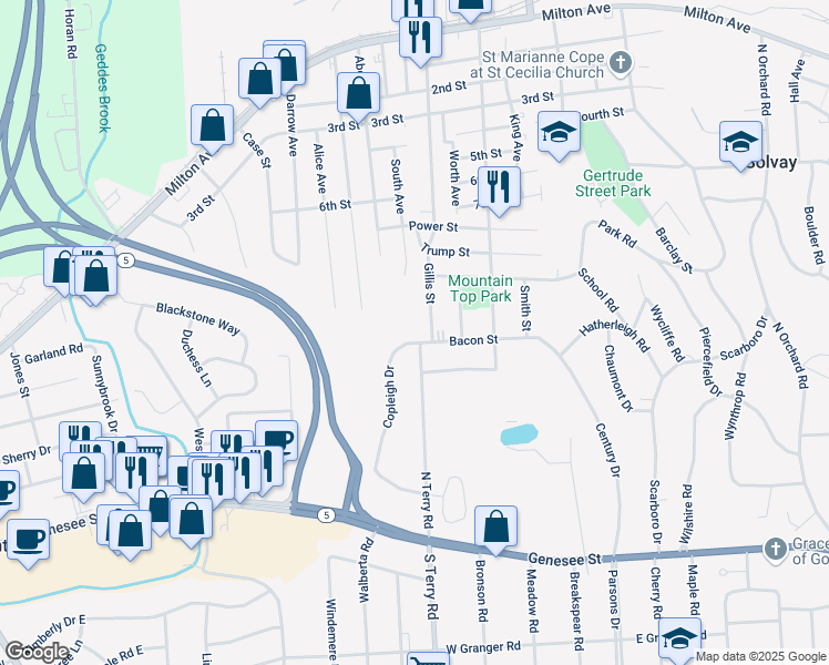 map of restaurants, bars, coffee shops, grocery stores, and more near 502 Bacon Street in Syracuse