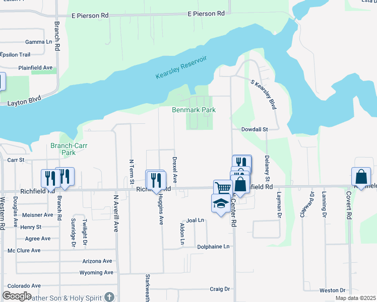map of restaurants, bars, coffee shops, grocery stores, and more near 3196 Drexel Avenue in Flint