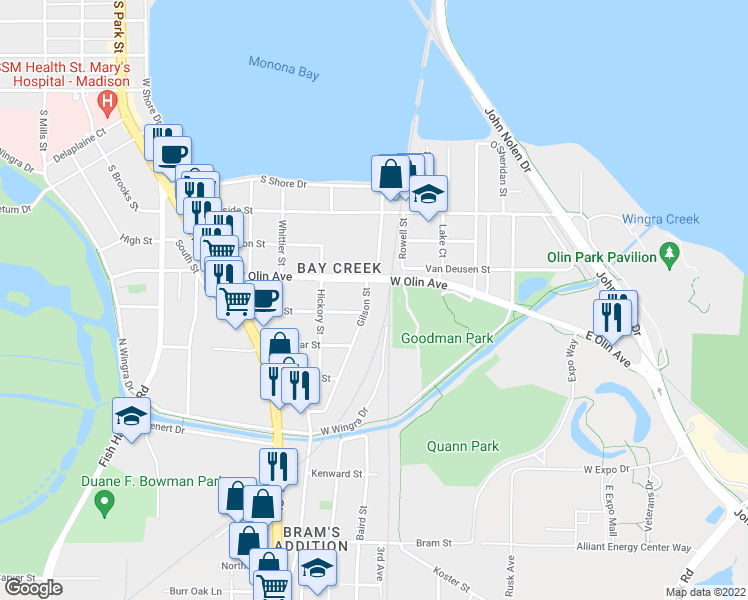 map of restaurants, bars, coffee shops, grocery stores, and more near 1217 Gilson Street in Madison