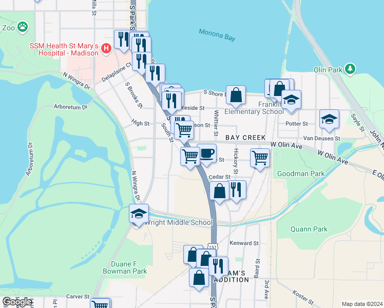 map of restaurants, bars, coffee shops, grocery stores, and more near 726 Spruce Street in Madison