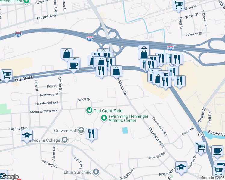 map of restaurants, bars, coffee shops, grocery stores, and more near 103 Masters Road in Syracuse