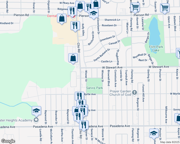 map of restaurants, bars, coffee shops, grocery stores, and more near 4223 Seneca Street in Flint