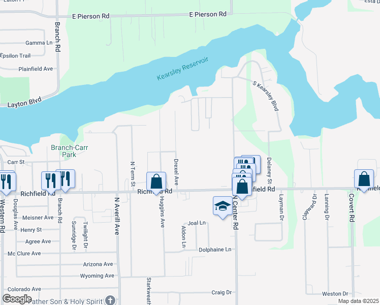 map of restaurants, bars, coffee shops, grocery stores, and more near 3196 Drexel Avenue in Flint