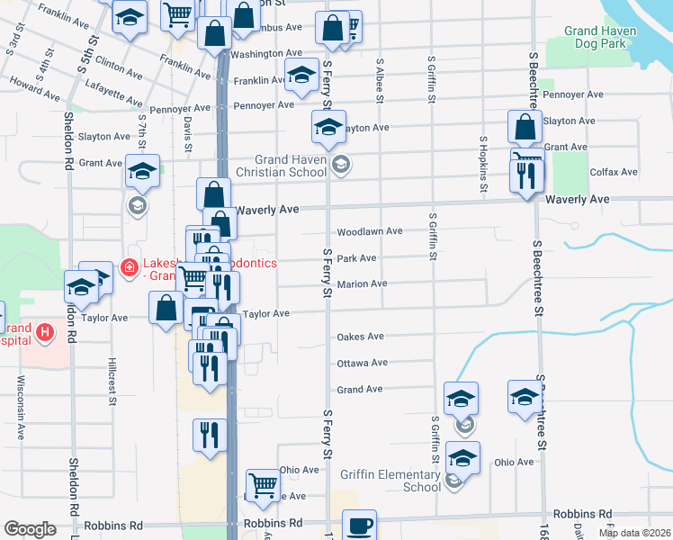 map of restaurants, bars, coffee shops, grocery stores, and more near 820 South Ferry Street in Grand Haven
