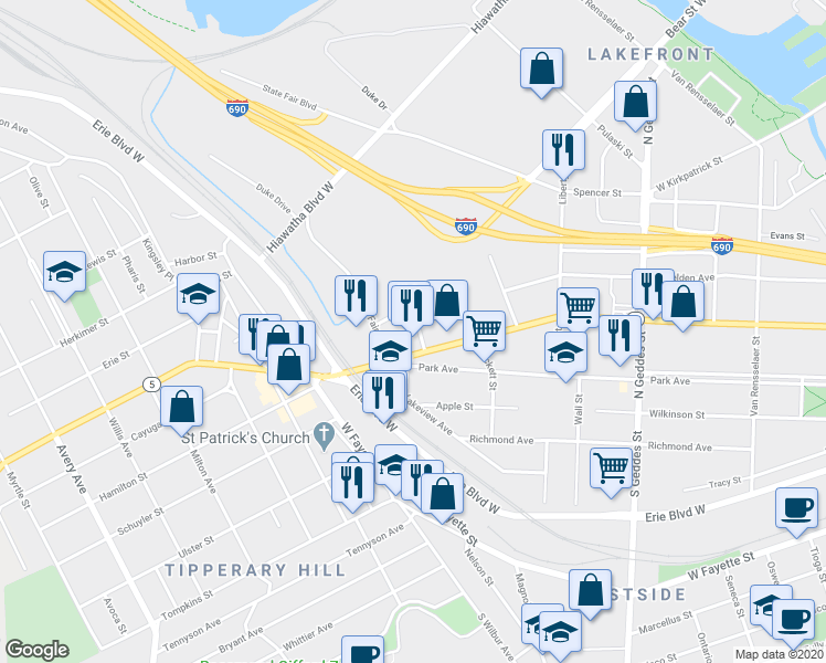 map of restaurants, bars, coffee shops, grocery stores, and more near 119 Dewey Avenue in Syracuse