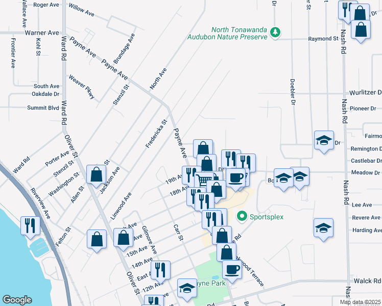 map of restaurants, bars, coffee shops, grocery stores, and more near 1101 Payne Avenue in North Tonawanda