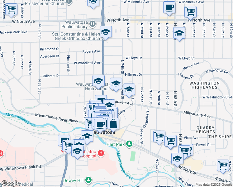 map of restaurants, bars, coffee shops, grocery stores, and more near 7500 Milwaukee Avenue in Wauwatosa