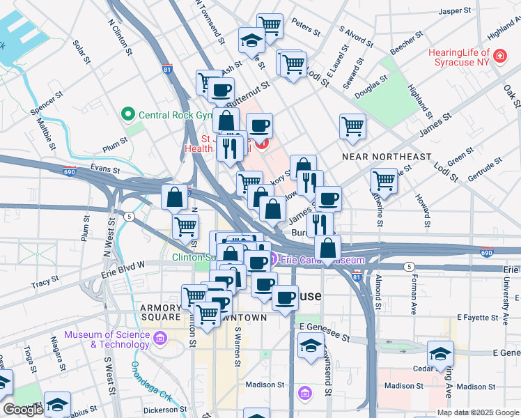 map of restaurants, bars, coffee shops, grocery stores, and more near 313 East Willow Street in Syracuse