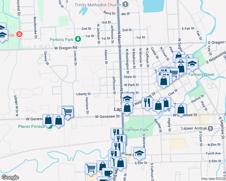 map of restaurants, bars, coffee shops, grocery stores, and more near 350 Adams Street in Lapeer