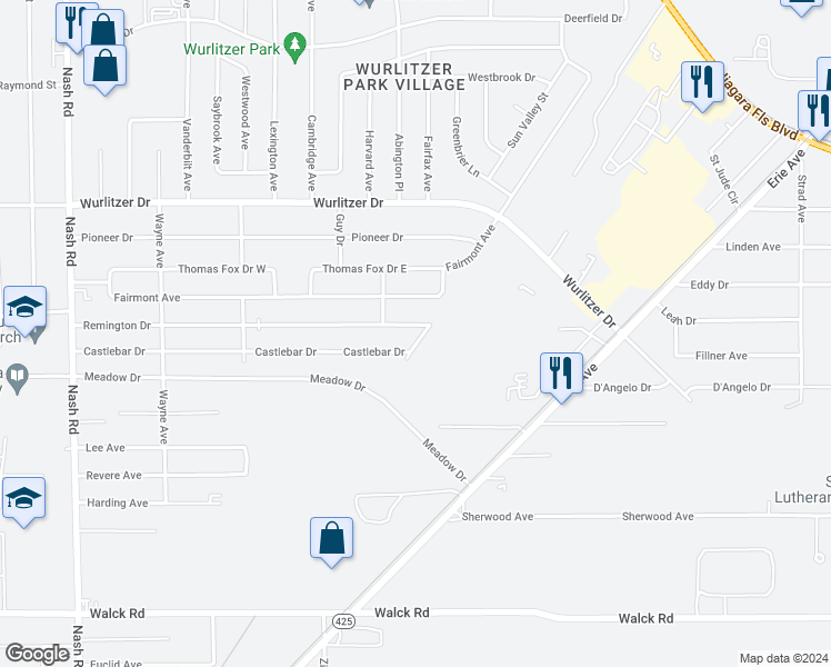 map of restaurants, bars, coffee shops, grocery stores, and more near 1071 Remington Drive in North Tonawanda
