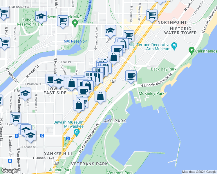 map of restaurants, bars, coffee shops, grocery stores, and more near N Prospect Ave & E Royall Pl in Milwaukee