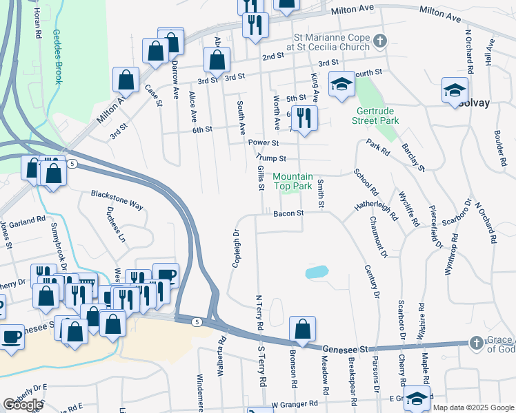 map of restaurants, bars, coffee shops, grocery stores, and more near 502 Bacon Street in Syracuse