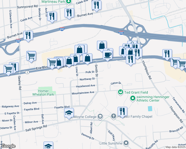 map of restaurants, bars, coffee shops, grocery stores, and more near 905 Northway Street in Syracuse