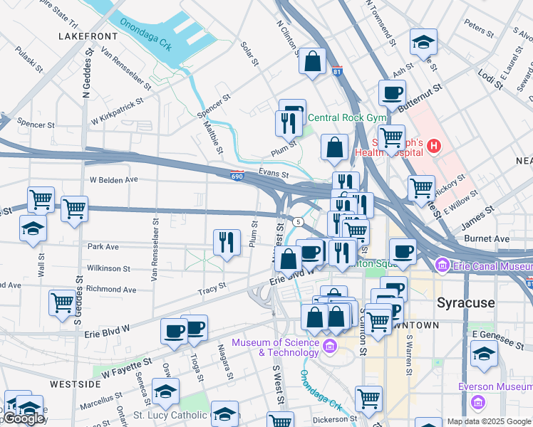 map of restaurants, bars, coffee shops, grocery stores, and more near 523 West Genesee Street in Syracuse