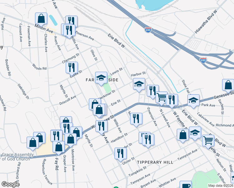 map of restaurants, bars, coffee shops, grocery stores, and more near 208 Erie Street in Syracuse