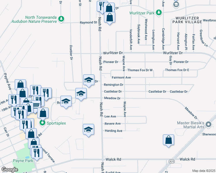 map of restaurants, bars, coffee shops, grocery stores, and more near 760 Castlebar Drive in North Tonawanda