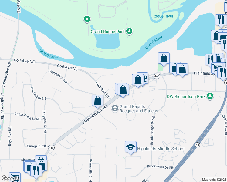 map of restaurants, bars, coffee shops, grocery stores, and more near 4949 Plainfield Service Drive in Grand Rapids