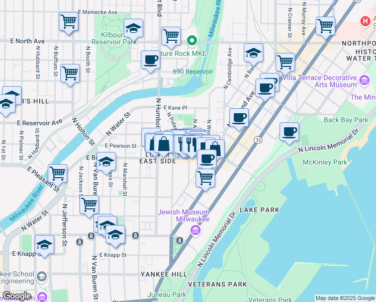 map of restaurants, bars, coffee shops, grocery stores, and more near 1240 East Brady Street in Milwaukee