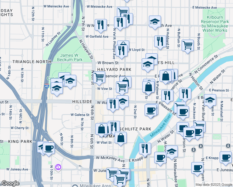 map of restaurants, bars, coffee shops, grocery stores, and more near 1739-1745 North Doctor Martin Luther King Junior Drive in Milwaukee