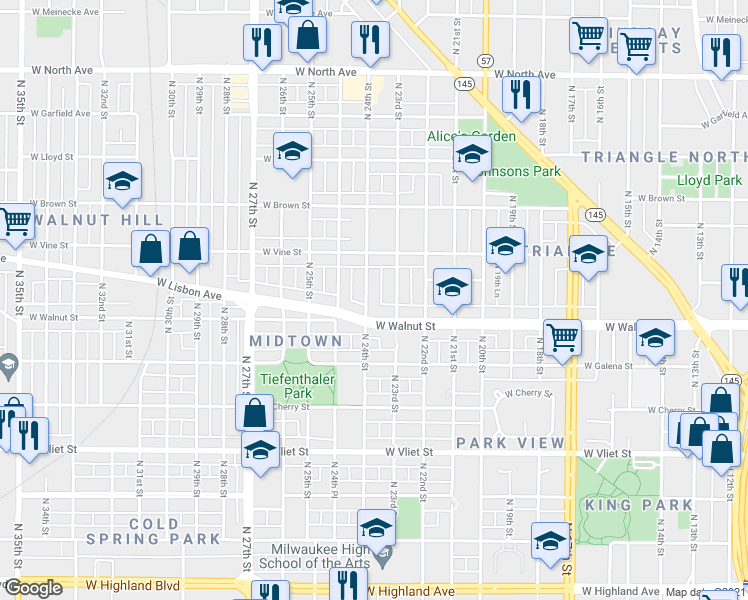 map of restaurants, bars, coffee shops, grocery stores, and more near in Milwaukee
