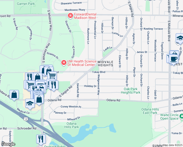 map of restaurants, bars, coffee shops, grocery stores, and more near 5017 Tokay Boulevard in Madison