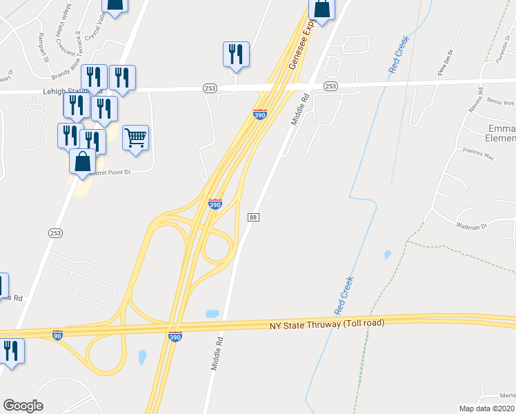 map of restaurants, bars, coffee shops, grocery stores, and more near 520 Middle Road in Henrietta