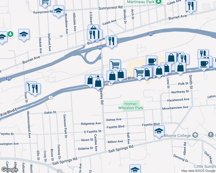 map of restaurants, bars, coffee shops, grocery stores, and more near 2528-38 Erie Blvd E in Syracuse