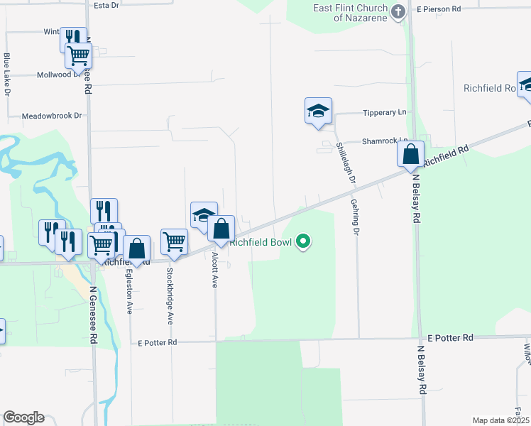 map of restaurants, bars, coffee shops, grocery stores, and more near 5295 Richfield Road in Flint