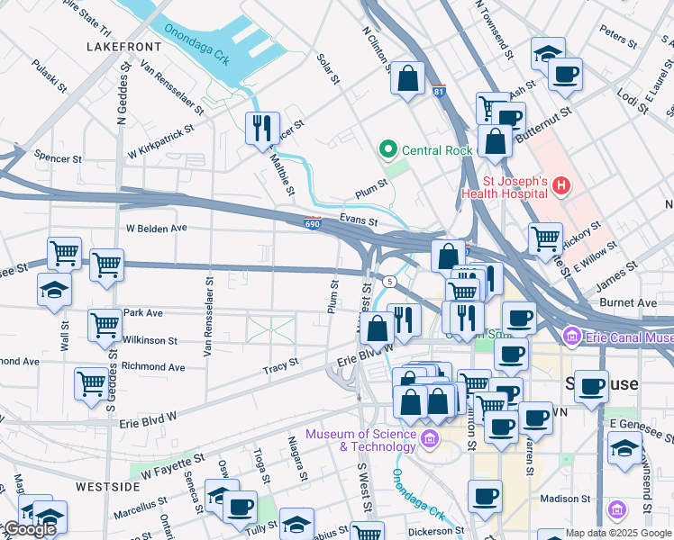 map of restaurants, bars, coffee shops, grocery stores, and more near 598 West Genesee Street in Syracuse