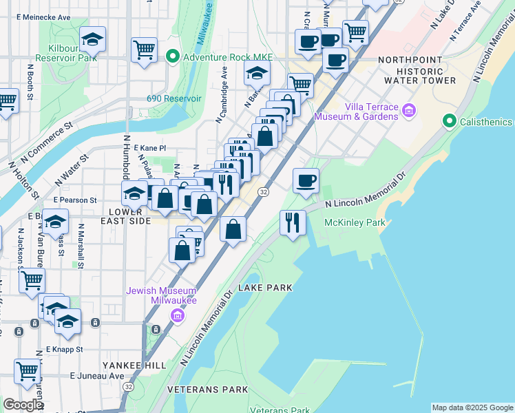 map of restaurants, bars, coffee shops, grocery stores, and more near 1800 North Prospect Avenue in Milwaukee