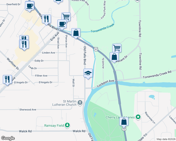 map of restaurants, bars, coffee shops, grocery stores, and more near 509 Old Falls Boulevard in North Tonawanda