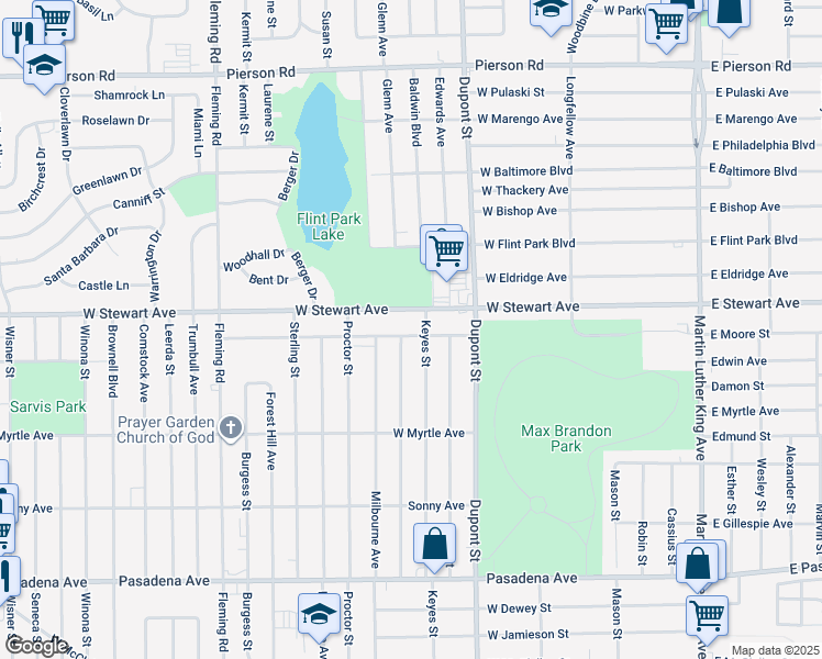map of restaurants, bars, coffee shops, grocery stores, and more near 810 West Moore Street in Flint