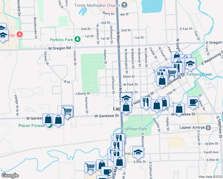 map of restaurants, bars, coffee shops, grocery stores, and more near 421 Jefferson Street in Lapeer