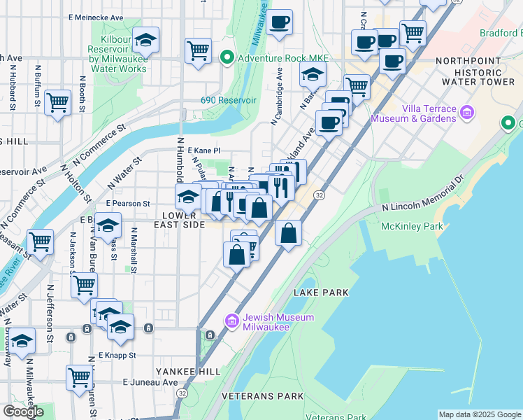 map of restaurants, bars, coffee shops, grocery stores, and more near in Milwaukee