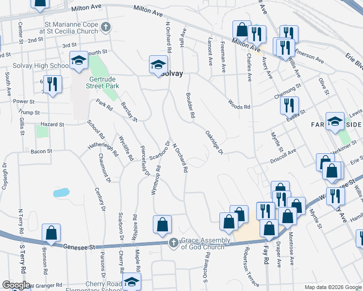 map of restaurants, bars, coffee shops, grocery stores, and more near 509C North Orchard Road in Syracuse