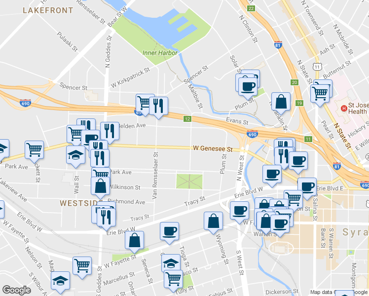 map of restaurants, bars, coffee shops, grocery stores, and more near 717 West Genesee Street in Syracuse
