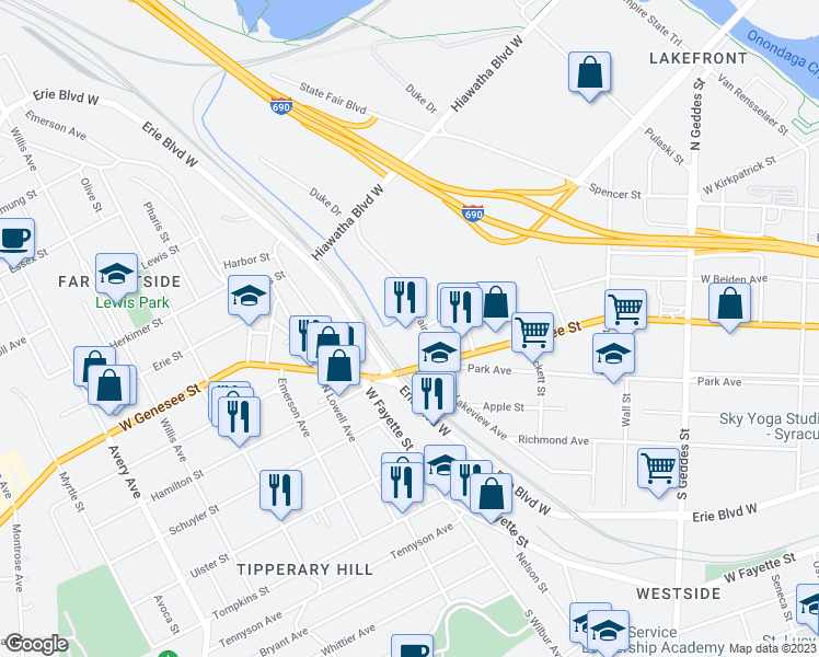 map of restaurants, bars, coffee shops, grocery stores, and more near 135 State Fair Boulevard in Syracuse