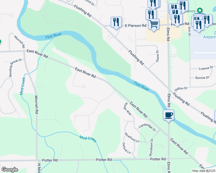 map of restaurants, bars, coffee shops, grocery stores, and more near 7303 East River Road in Flushing