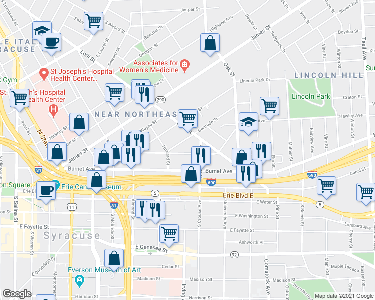 map of restaurants, bars, coffee shops, grocery stores, and more near 427 Hawley Avenue in Syracuse