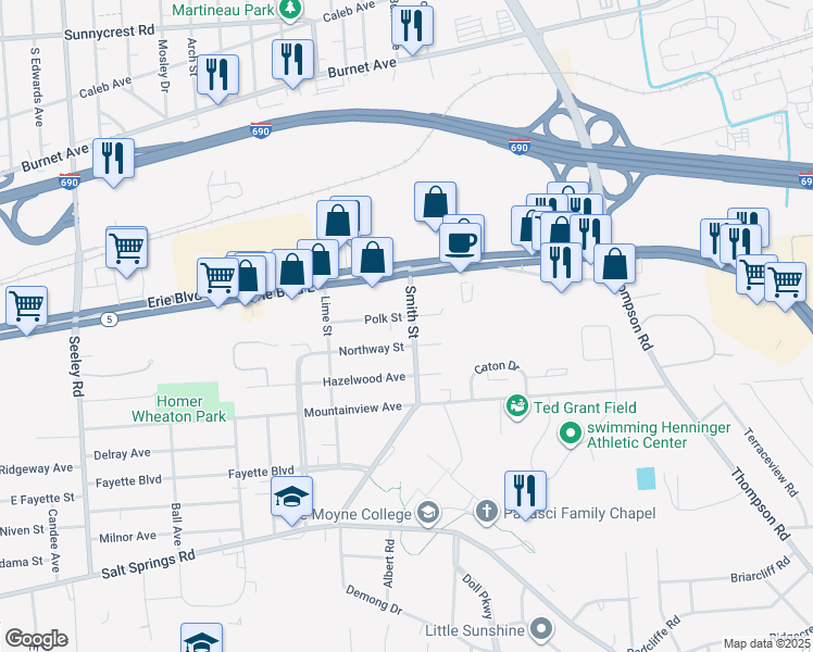 map of restaurants, bars, coffee shops, grocery stores, and more near 1001 Northway Street in Syracuse