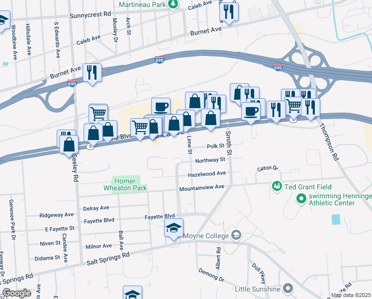 map of restaurants, bars, coffee shops, grocery stores, and more near 100 Lime Street in Syracuse