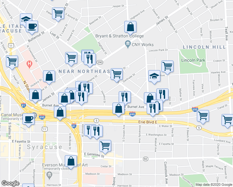 map of restaurants, bars, coffee shops, grocery stores, and more near 440 Hawley Avenue in Syracuse