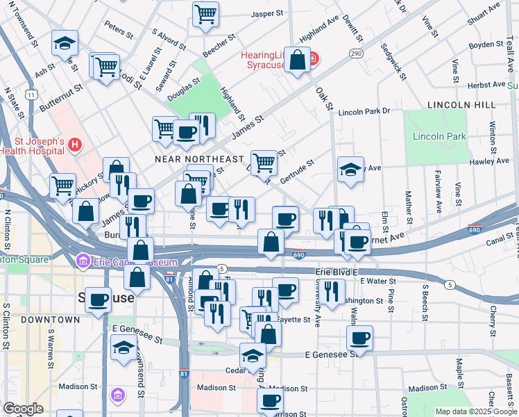 map of restaurants, bars, coffee shops, grocery stores, and more near 408 Hawley Avenue in Syracuse