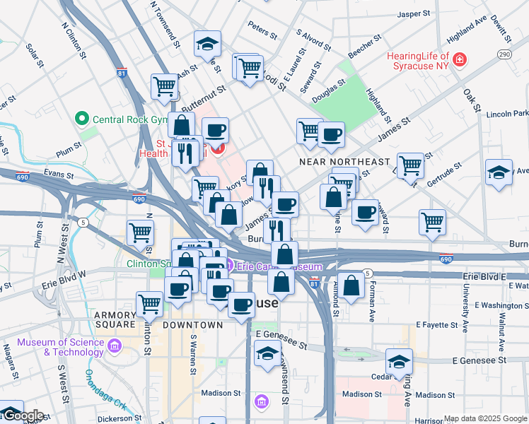 map of restaurants, bars, coffee shops, grocery stores, and more near 480 James Street in Syracuse