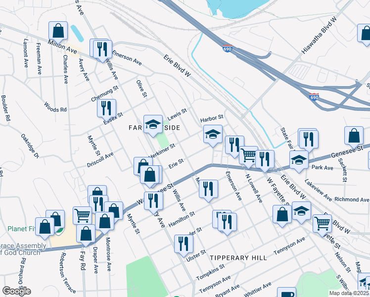map of restaurants, bars, coffee shops, grocery stores, and more near 127 Erie Street in Syracuse