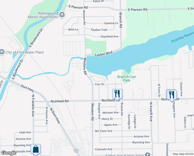 map of restaurants, bars, coffee shops, grocery stores, and more near 2812 Carr Street in Flint