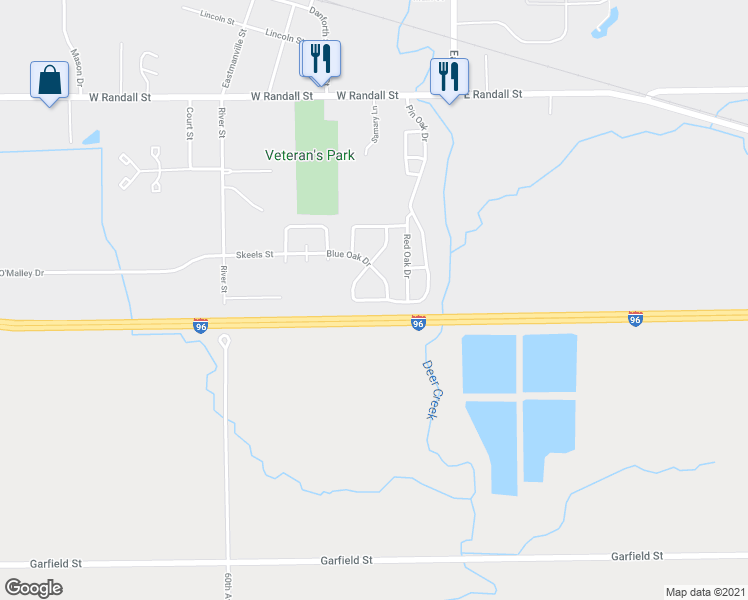 map of restaurants, bars, coffee shops, grocery stores, and more near 173 West Pin Oak Drive in Coopersville
